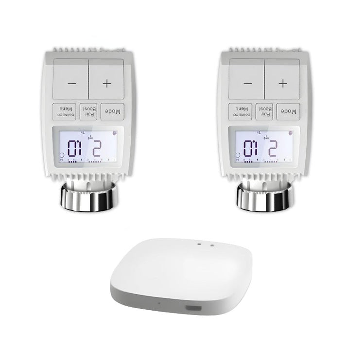 Kit de Têtes Thermostatiques Connectées Universelle avec Ecran LCD + Passerelle ZigBee (Kit 2 têtes + 1 passerelle)