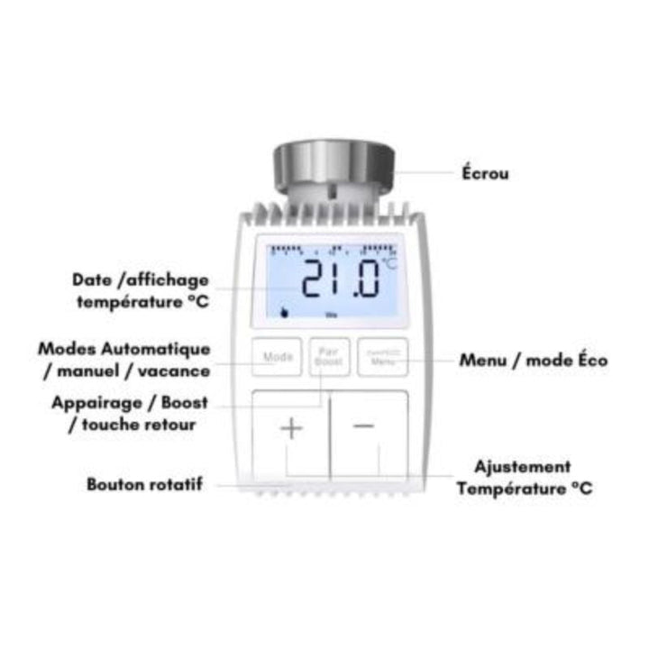 Kit de Têtes Thermostatiques Connectées Universelle avec Ecran LCD + Passerelle ZigBee (Kit 2 têtes + 1 passerelle)
