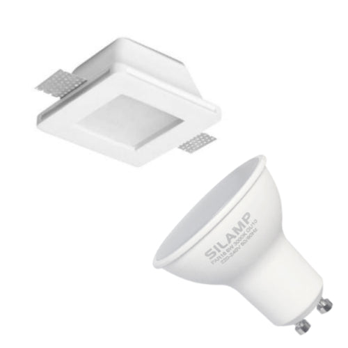 Weißes quadratisches GU10-LED-Spot-Halterungsset Ø120 mm + undurchsichtiges Glas mit 6-W-LED-Glühbirne