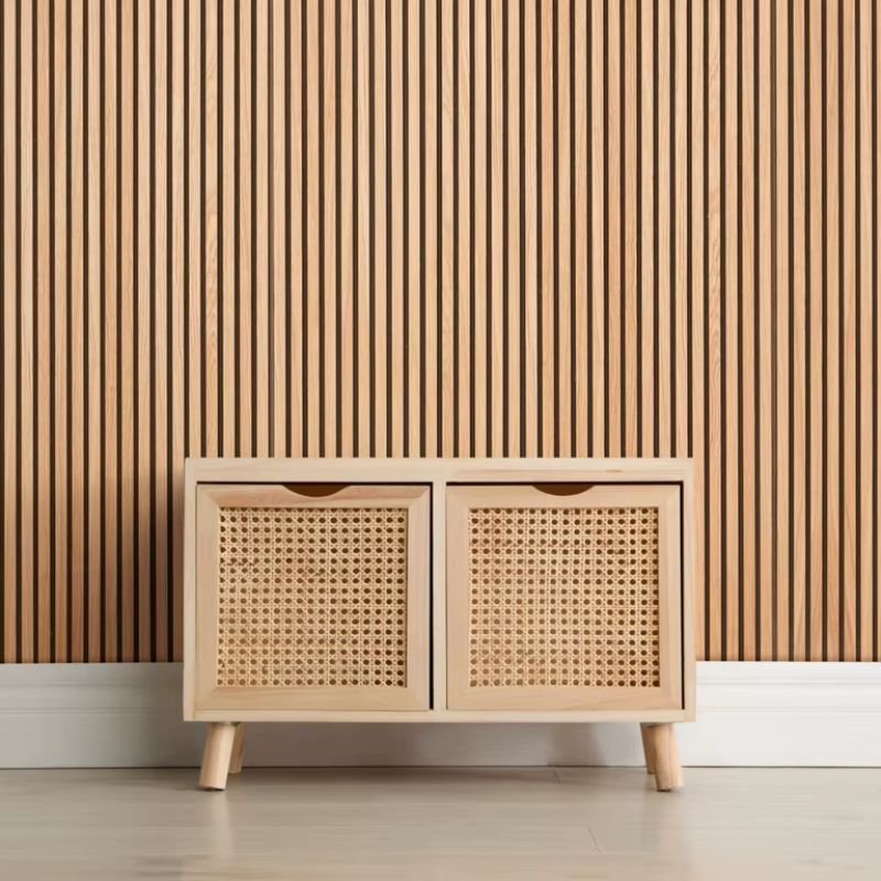 Lot de 8 Panneaux Acoustiques Muraux - Tasseaux Finition Chêne Blanc - Fond Noir - 240x60x2,2cm