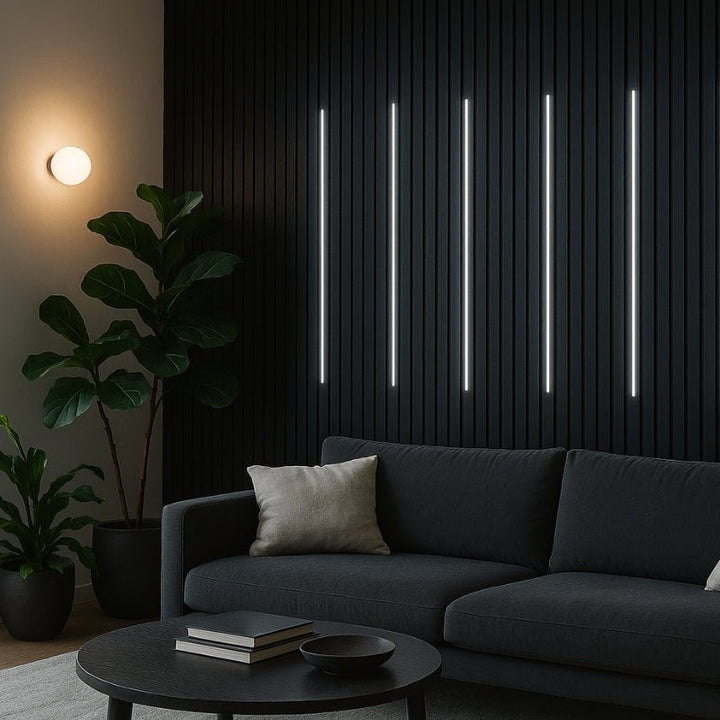 Lot de 2 Panneaux Acoustiques Muraux Bois 240x60x2,2cm - Couleur Noir avec Fond Noir