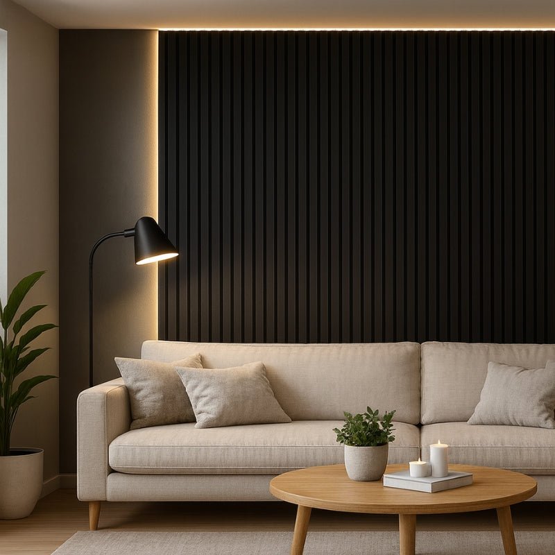 Lot de 6 Panneaux Acoustiques Muraux Bois 240x60x2,2cm - Couleur Noir avec Fond Noir