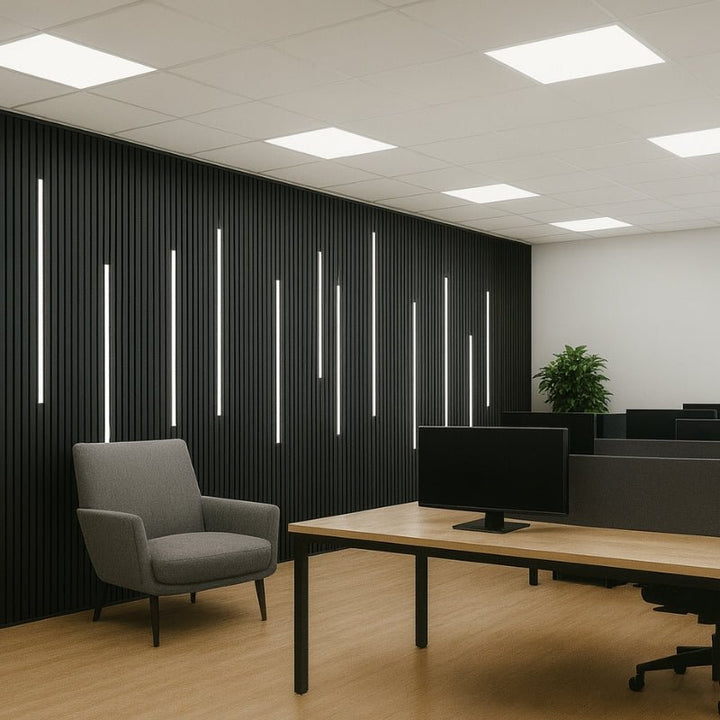 Lot de 8 Panneaux Acoustiques Muraux Bois 240x60x2,2cm - Couleur Noir avec Fond Noir