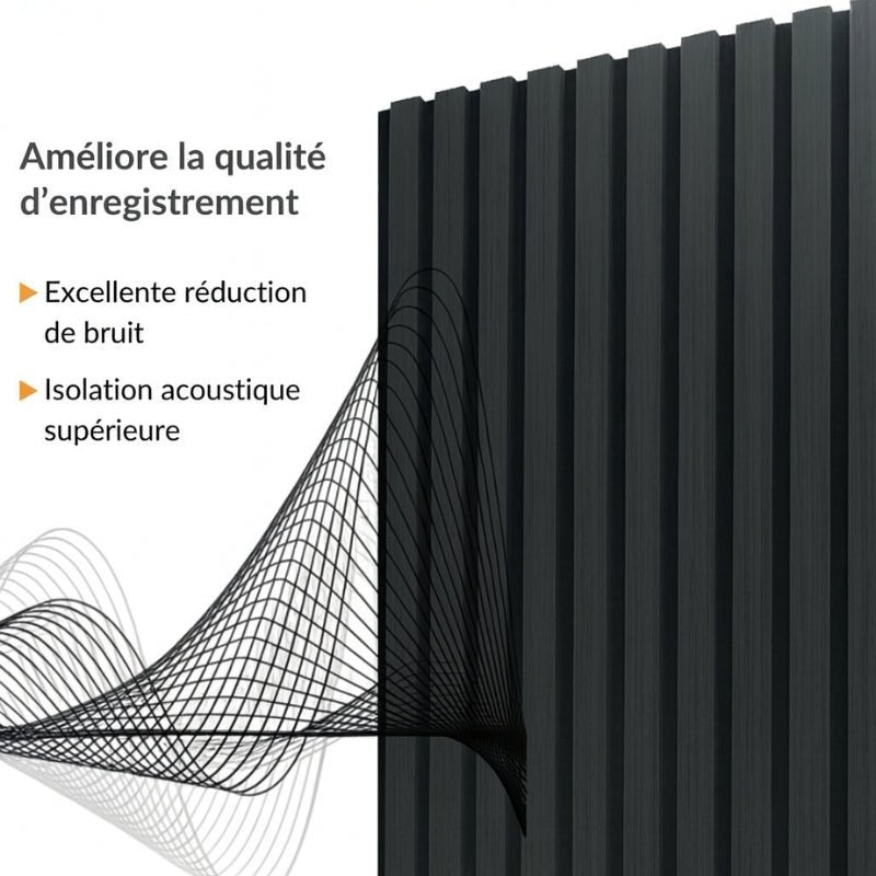 Lot de 8 Panneaux Acoustiques Muraux Bois 240x60x2,2cm - Couleur Noir avec Fond Noir