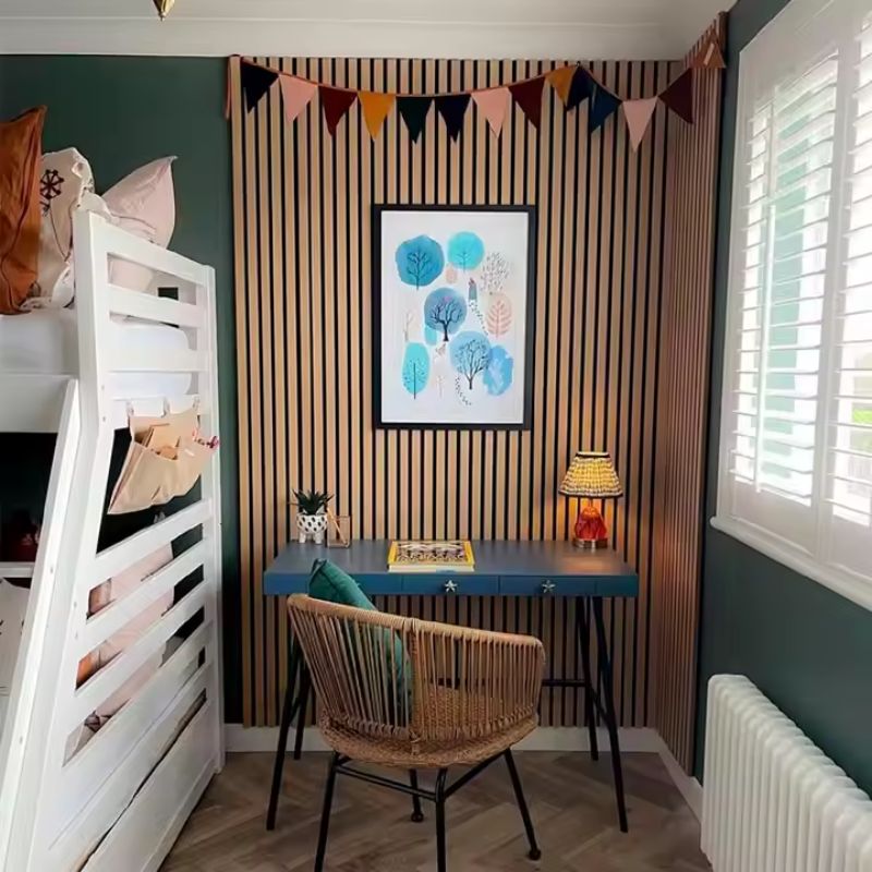 Lot de 8 Panneaux Acoustiques Muraux - Tasseaux Finition Noyer - Fond Noir - 240x60x2,2cm