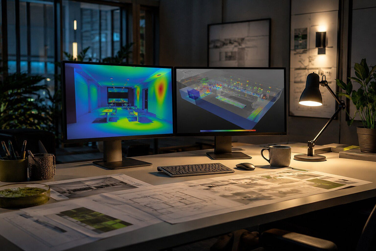 Poste de travail du bureau d'études avec simulation d'éclairement à l'écran