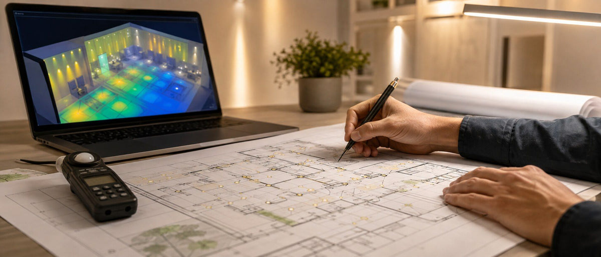 Plans d'architecte annotés et simulation d'éclairement en fausses couleurs