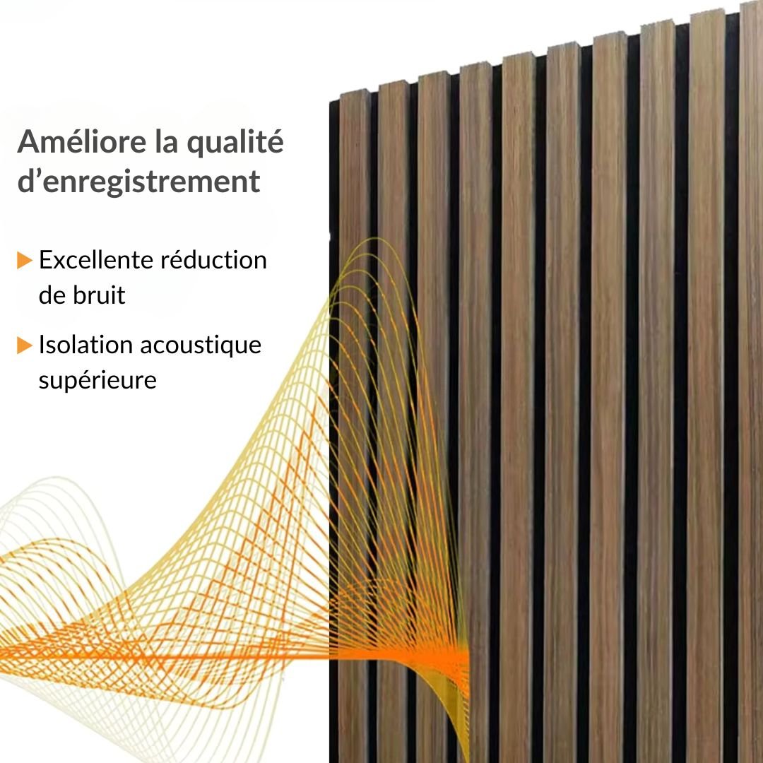 Lot de 6 Panneaux Acoustiques Murauxl- Tasseaux Finition Noyer - Fond Noir - 240x60x2,2cm