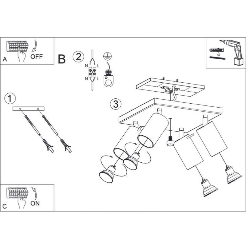 Plafonnier Carré 4 Spots Orientables Noir pour Ampoule GU10