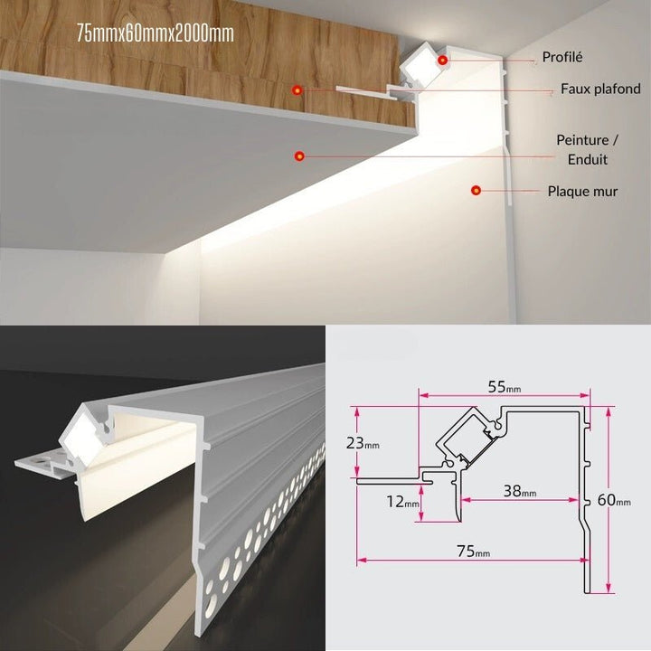 Profilé Aluminium Encastrable 2M pour Faux Plafond Éclairage Indirect