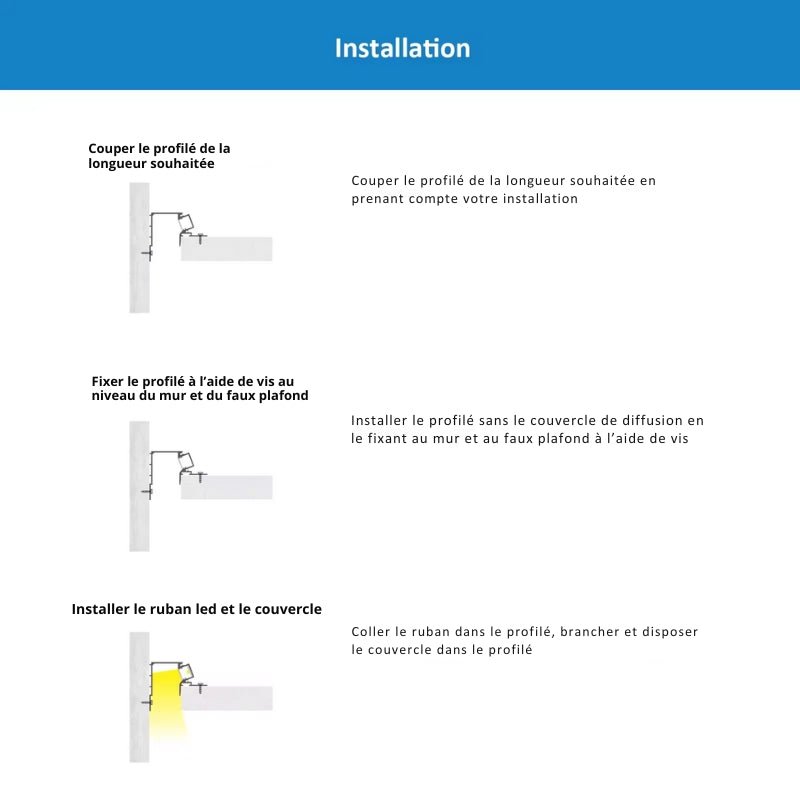 Profilé Aluminium Encastrable 2M pour Faux Plafond Éclairage Indirect