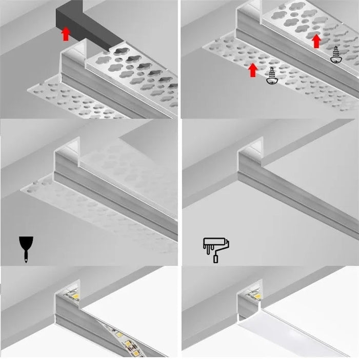 Large Build -in perfil 2m preto para fita LED Tampa branca opaca