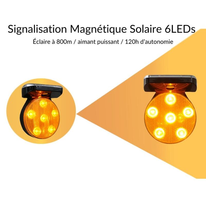 Signalisation Magnétique 6LED Solaire Jaune Sans Synchro