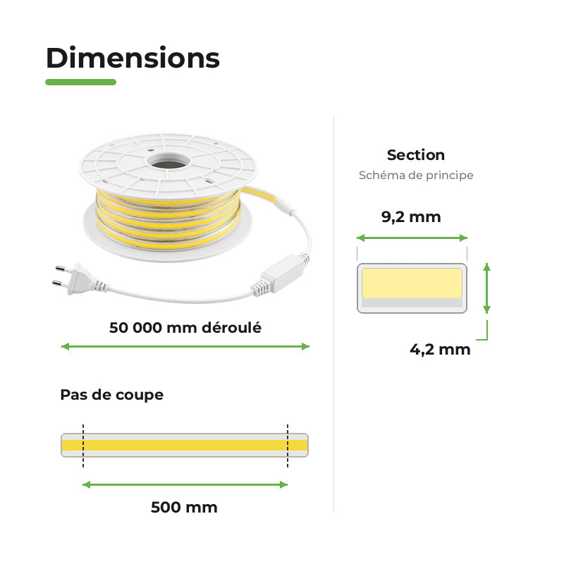 Ruban LED COB 50M 220V Recoupable 50cm IP65 288LED/m