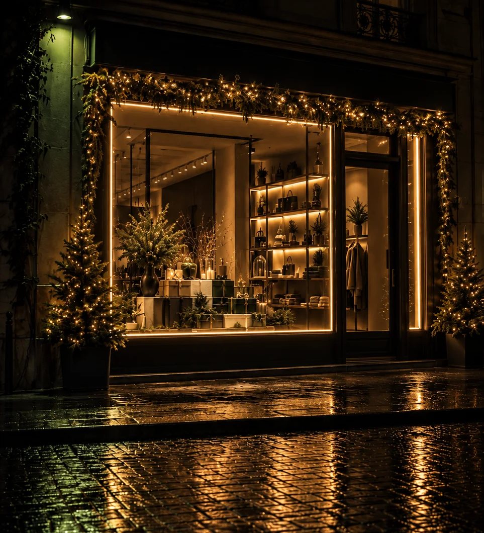 Vetrina di un negozio illuminata di notte: cornice luminosa, scaffali illuminati e ghirlande