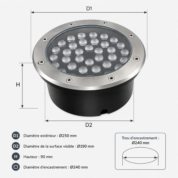 Spot LED Extérieur Encastrable IP67 24V Sol 36W 45°