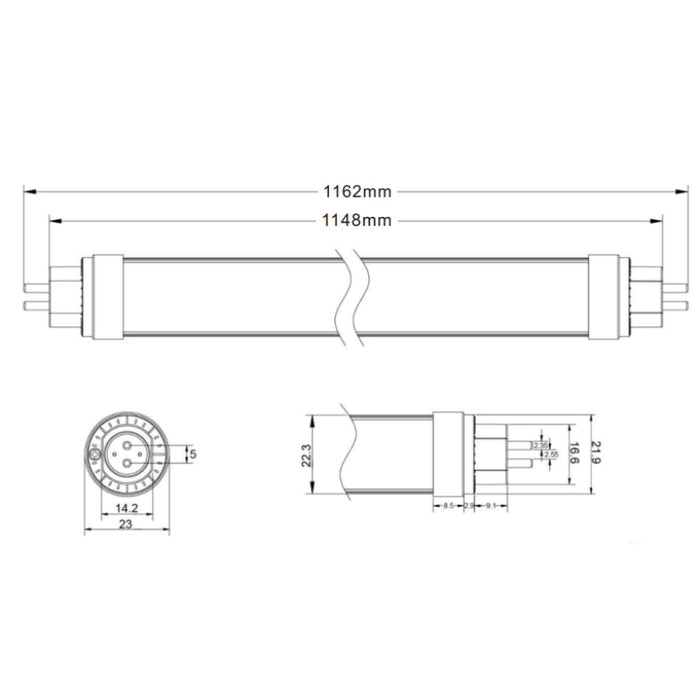 Tube LED 115cm T5 18W 140lm/W Connexion 1 Côté