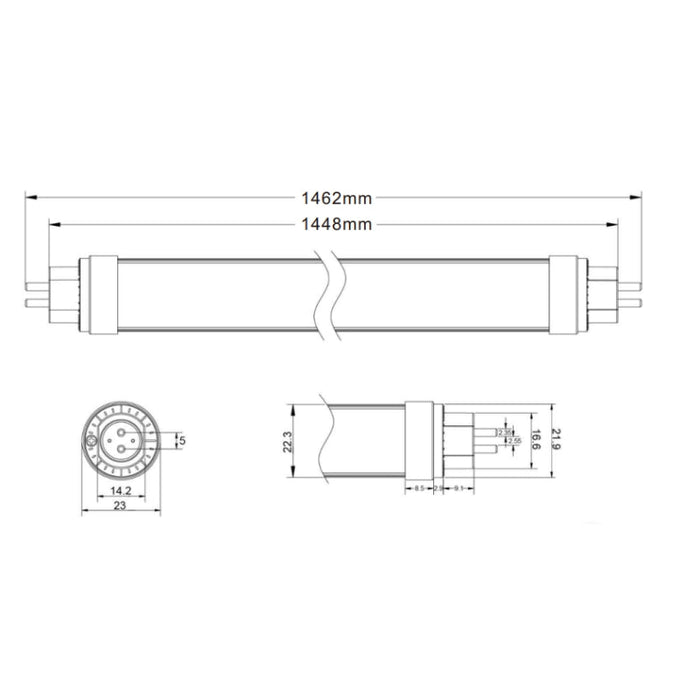 Tube LED 145cm T5 25W 140lm/W Connexion 1 Côté