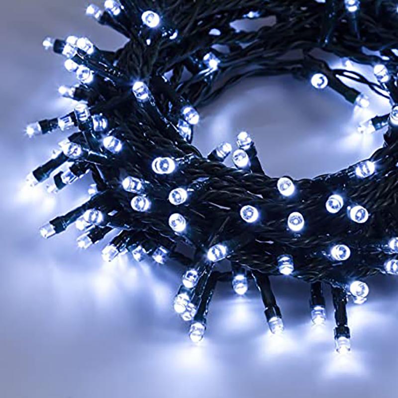 Guirlande LED 220V 10M 100LED IP44, 8 Modes - Câble vert, Blanc Froid - Silumen