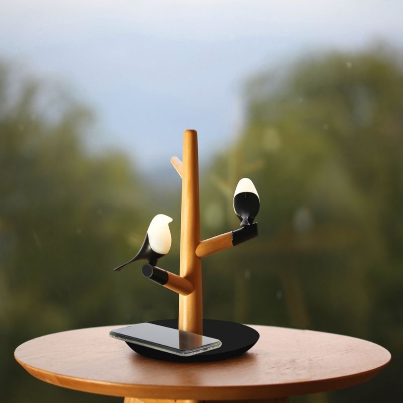 Lampe de Chevet Design Oiseau avec Chargeur Sans fil et Porte Accessoires - Silumen