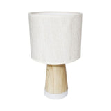 Wooden effect metal bedside lamp with flaxed lampshade