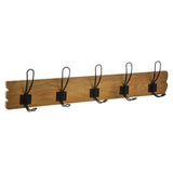 Wood wall coat holder 5 black iron hooks