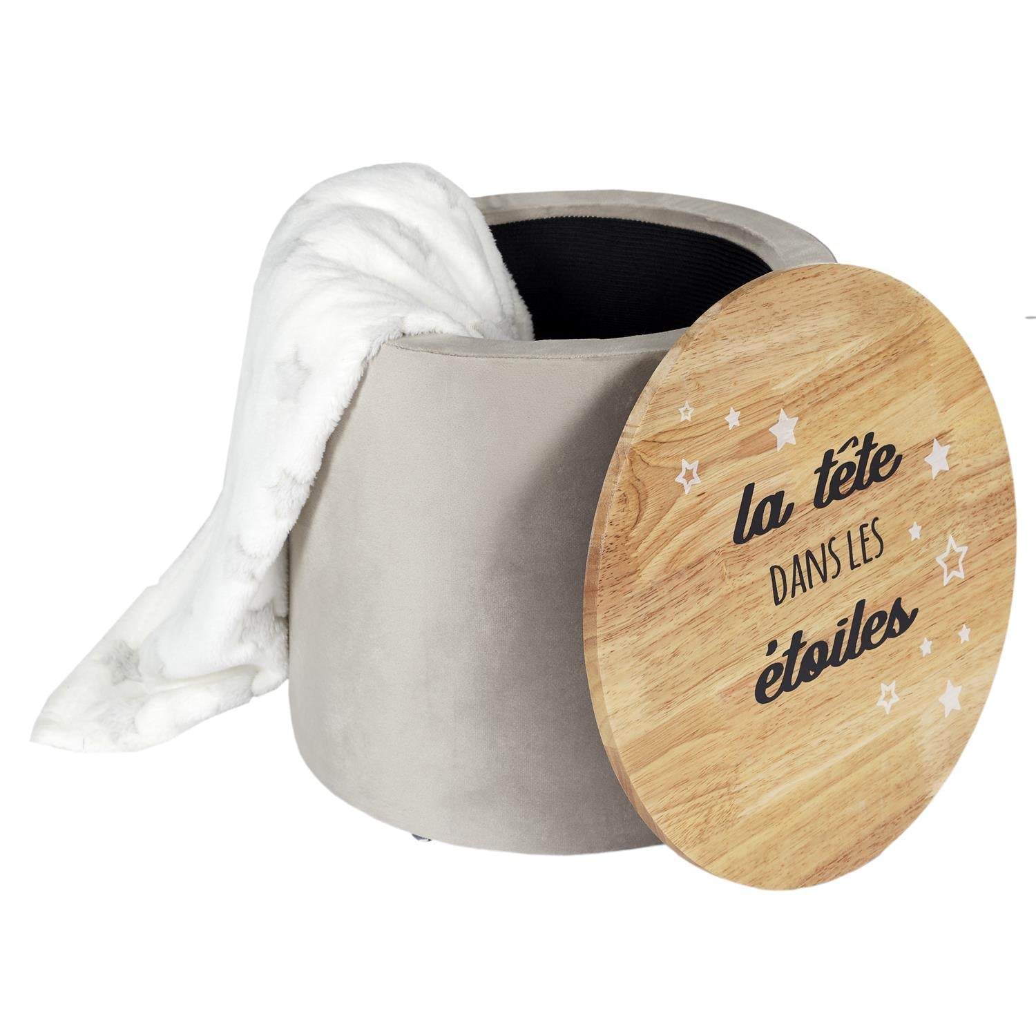 Pouf Rangement Rond Enfant en Bois - Gris - Silumen