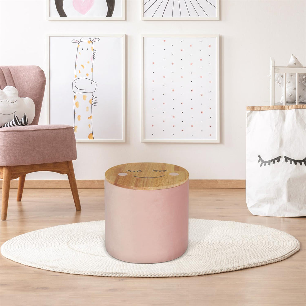 Pouf Rangement Rond Enfant en Bois - Rose - Silumen