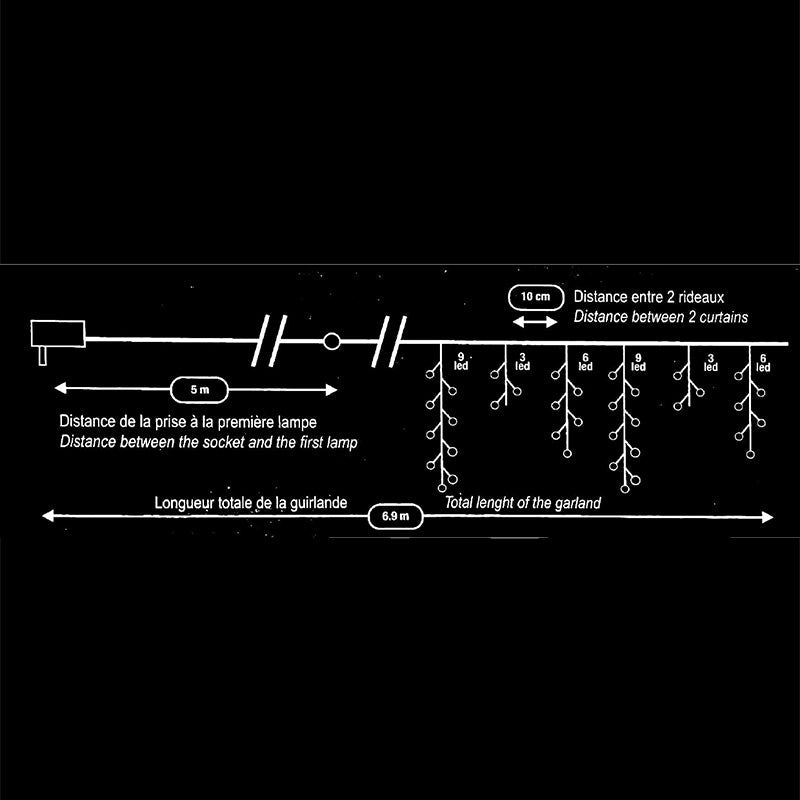 Rideau lumineux 120LED IP44 2M - câble transparent, BLANC CHAUD - Silumen