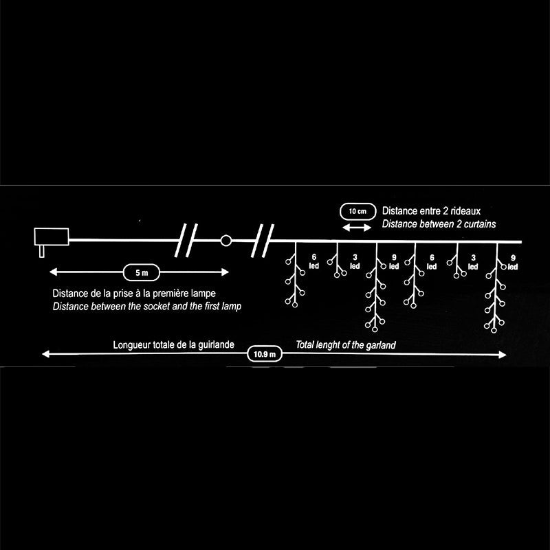 Rideau lumineux 360LED IP44 6M, 8 modes avec timer - câble transparent, BLANC FROID - Silumen