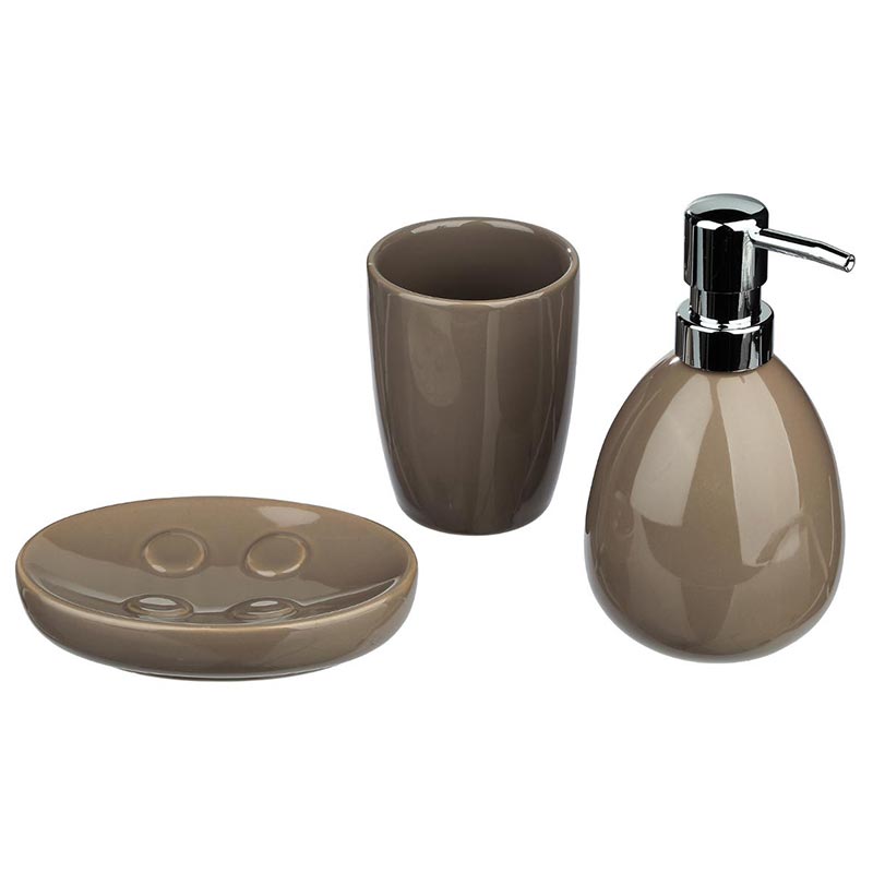 Set de salle de bain en céramique taupe - 3 accessoires - Silumen