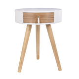 Table de Chevet Blanche Bois Rond avec Tiroir