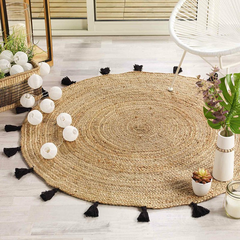 Tapis Rond 120cm Jute avec Pompons Noir - Silumen