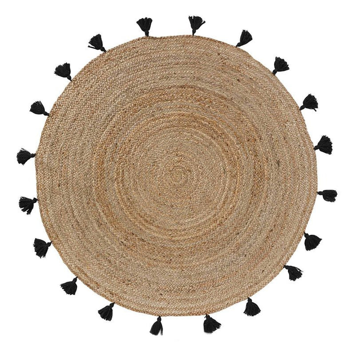 Tapis Rond 120cm Jute avec Pompons Noir - Silumen