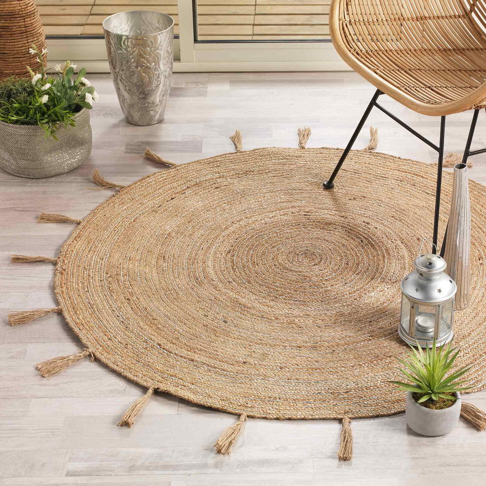 Tapis Rond Jute 120cm avec Pompons et Lurex argent - Silumen