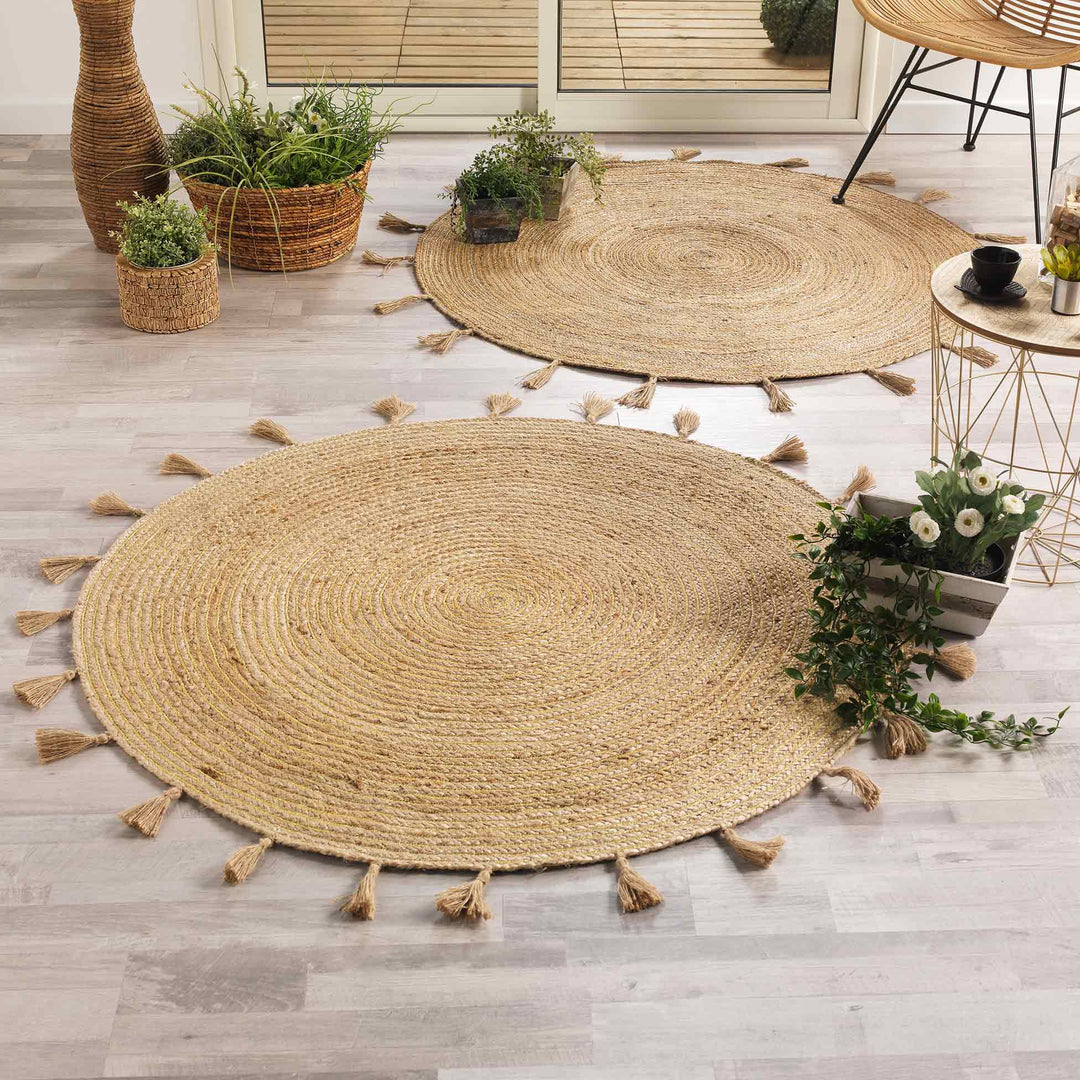 Tapis Rond Jute 120cm avec Pompons et Lurex argent - Silumen