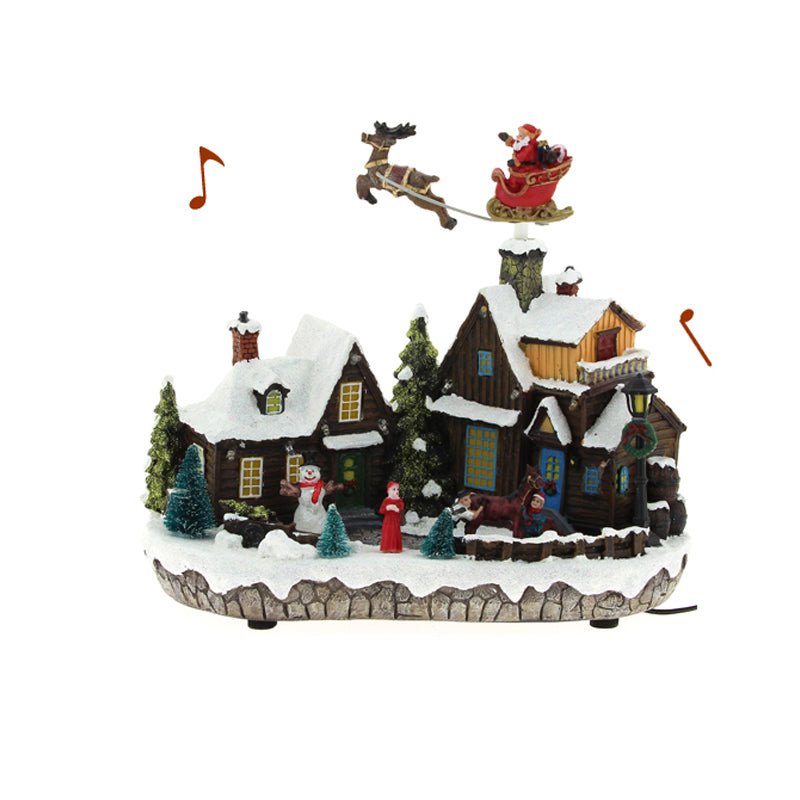 Village de Noël Animé et Musical avec Père Noël et traineau dans le ciel - Silumen